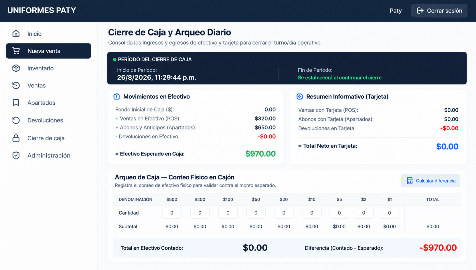 Control diario entre lo registrado y lo contado