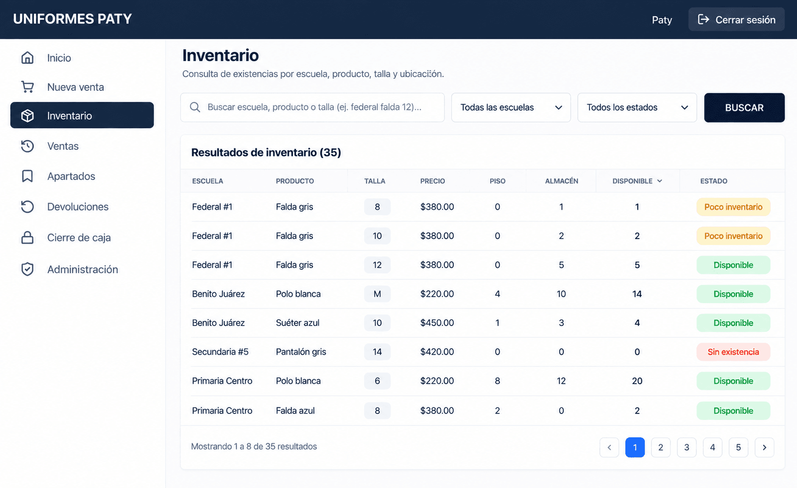 Visibilidad de existencias por producto, talla y ubicación